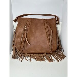 Moda Luxe Brown Vegan Leather Fringe Hobo Shoulder Bag Boho Whipstitch Cognac